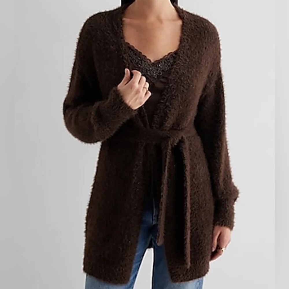 Express Faux Fur Sequin Balloon Sleeve Belted Cardigan Brown